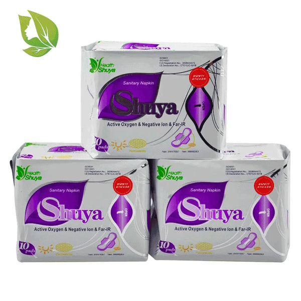 3 Pack Anion Sanitary Pads - 30 Piece Cotton Menstrual Napkins, Feminine Hygiene Health Panty Liners with Shuya Anion Technology