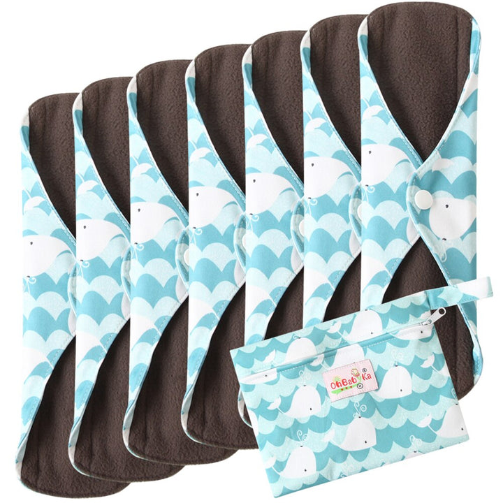 8pcs/set 7pcs cloth menstrual pad mama sanitary reusable soft washable charcoal period napkins +1pc bonus free mini wet bag