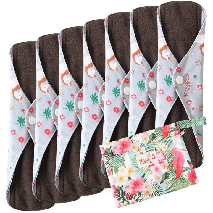8pcs/set 7pcs cloth menstrual pad mama sanitary reusable soft washable charcoal period napkins +1pc bonus free mini wet bag